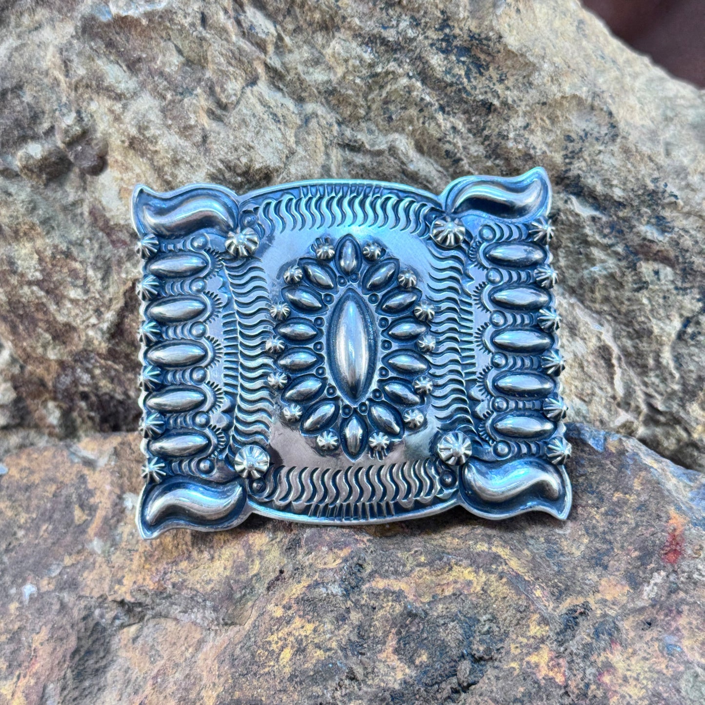 Navajo Sterling Silver Hand-Stamped Concho Belt Buckle – Hallmarked