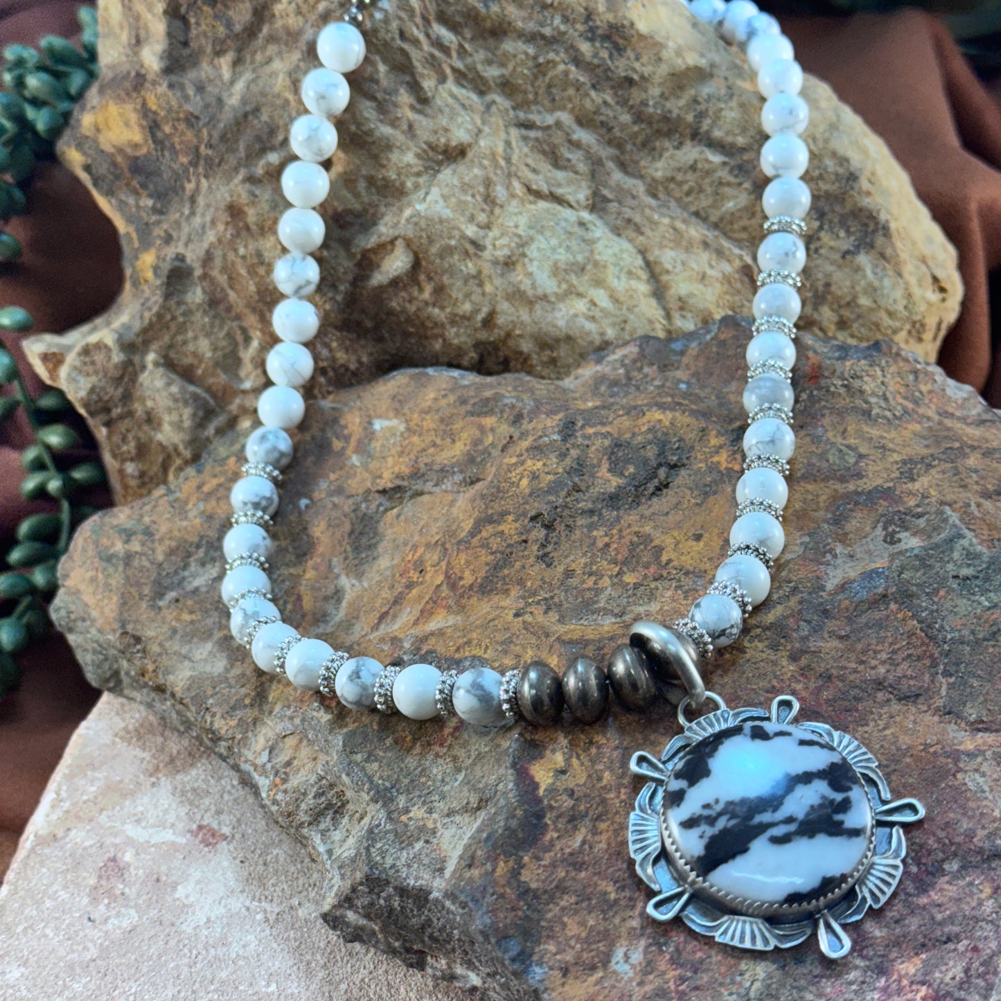 White Buffalo & Sterling Beaded Necklace by Mary Tso
