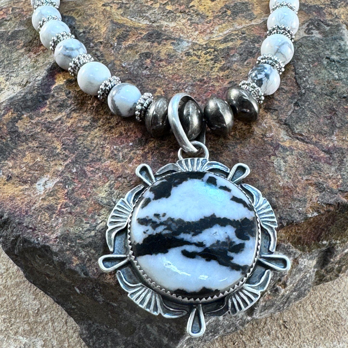 White Buffalo & Sterling Beaded Necklace by Mary Tso