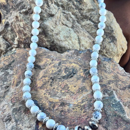 White Buffalo & Sterling Beaded Necklace by Mary Tso