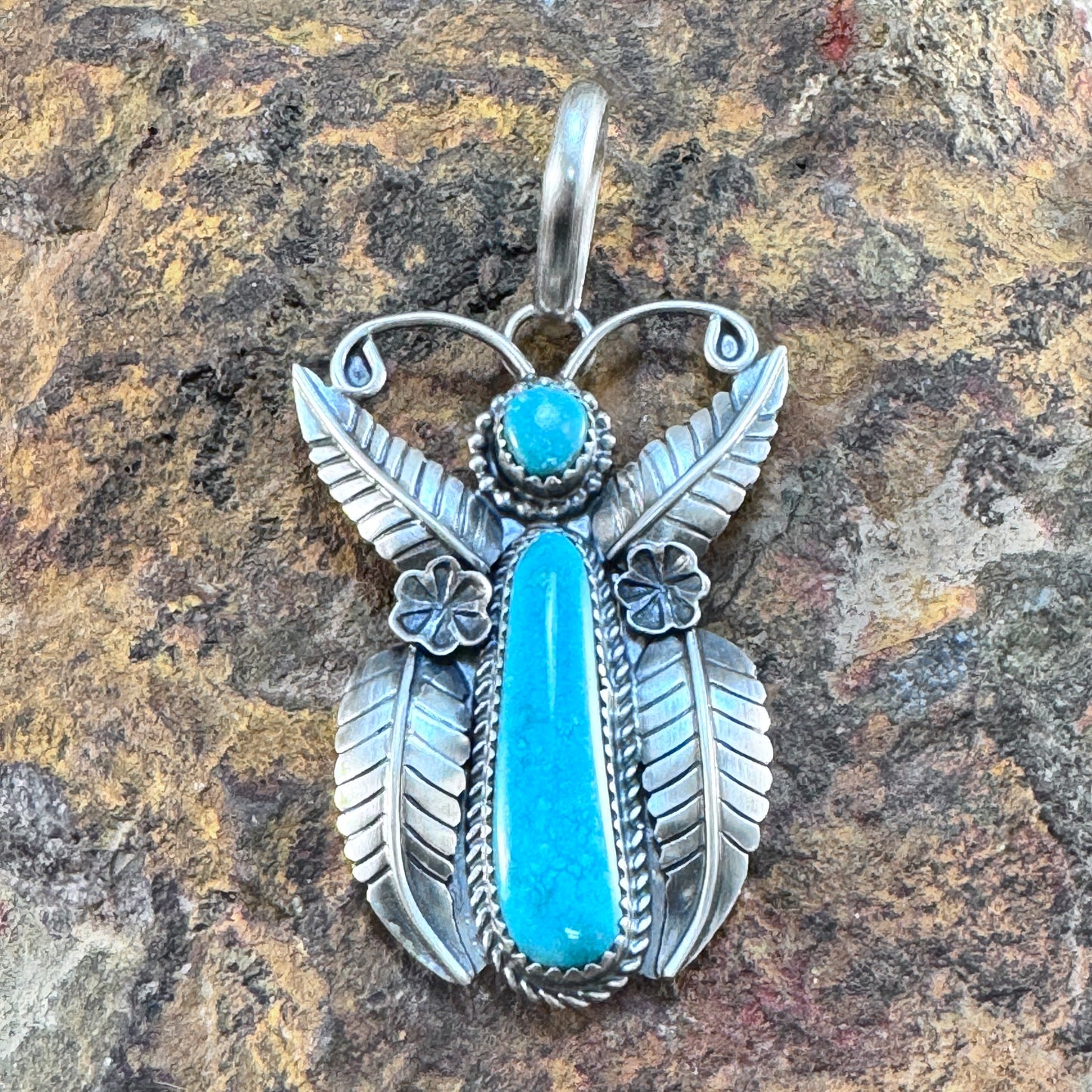 Turquoise Butterfly Shaped Pendant in Sterling Silver by Mary Tso