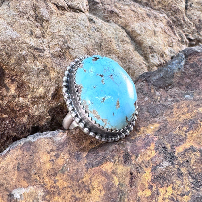 Navajo Oval Kingman Turquoise Ring with Beaded Border by Mary Tso