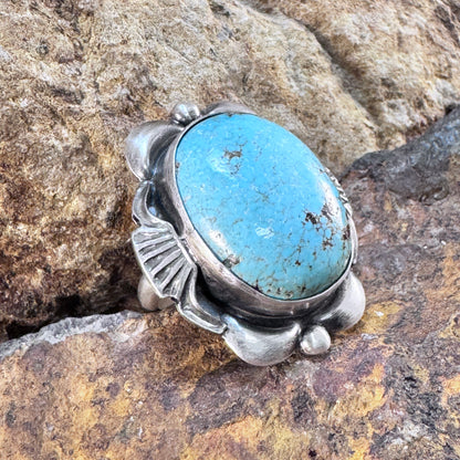 Oval High-grade Kingman Turquoise Ring with Fan and Flower Accents by Mary Tso