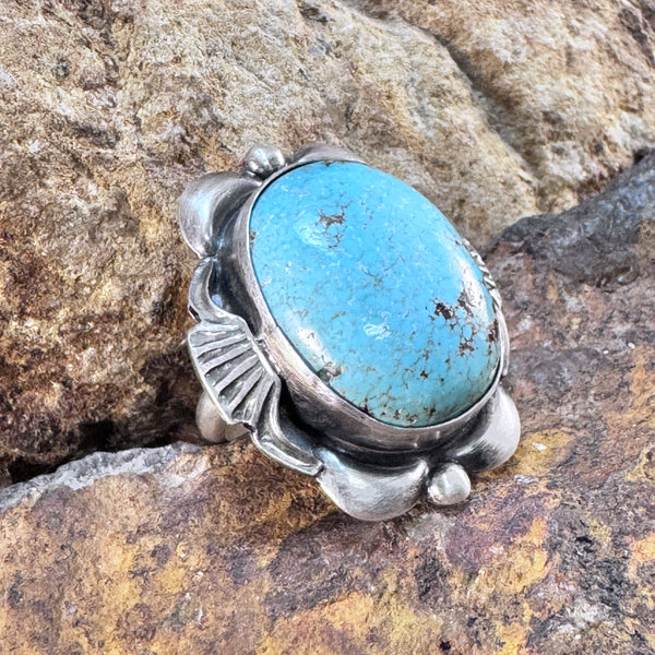 Oval High-grade Kingman Turquoise Ring with Fan and Flower Accents by Mary Tso