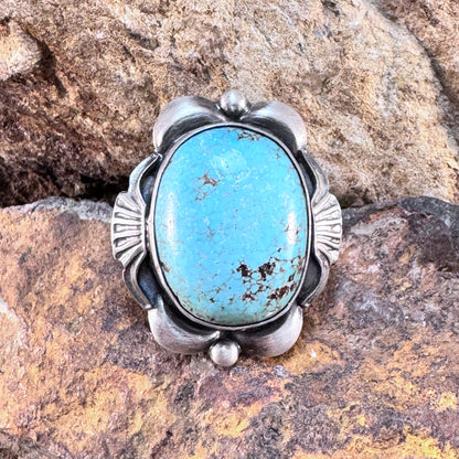 Oval High-grade Kingman Turquoise Ring with Fan and Flower Accents by Mary Tso