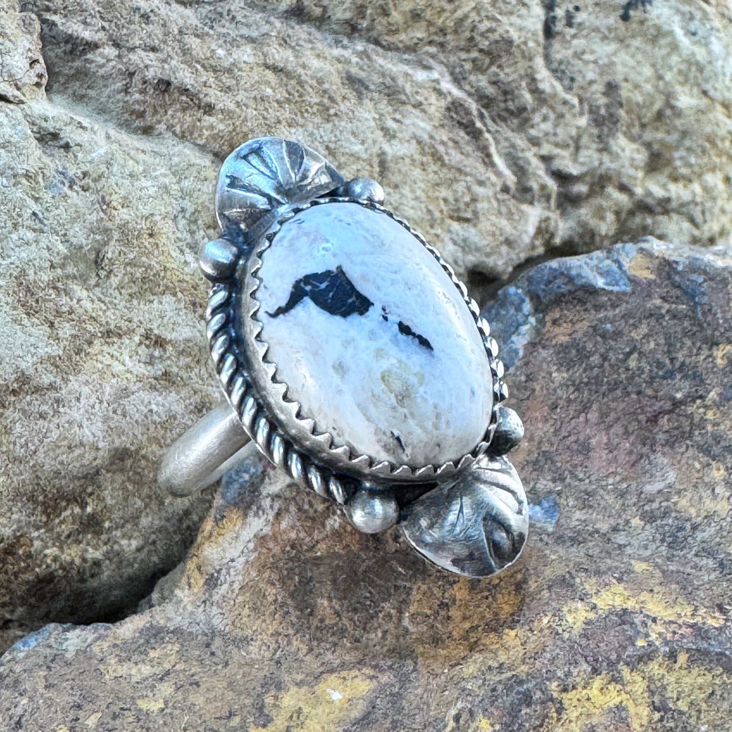White Buffalo Ring with Fan Accents by Mary Tso