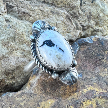 White Buffalo Ring with Fan Accents by Mary Tso