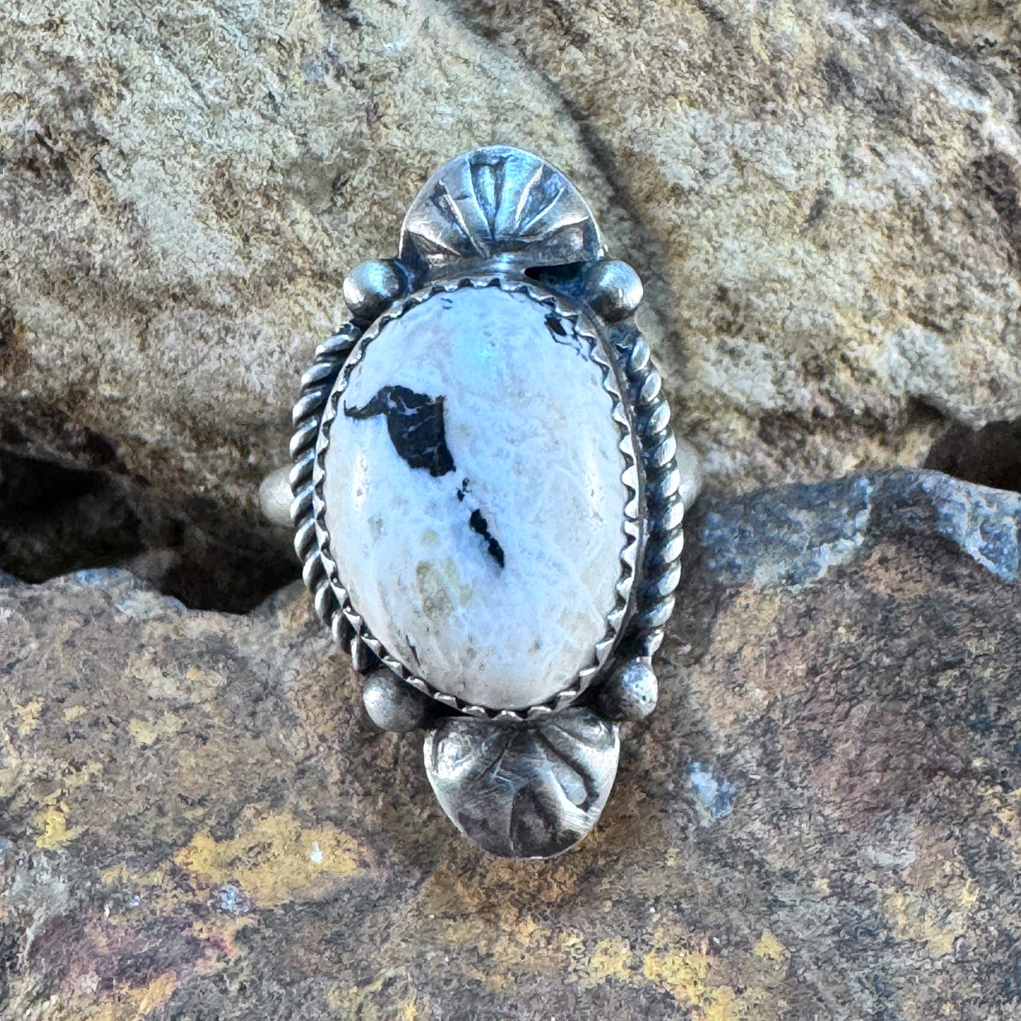 White Buffalo Ring with Fan Accents by Mary Tso