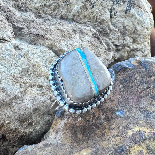 Ribbon Turquoise Ring with Beaded Frame by Mary Tso