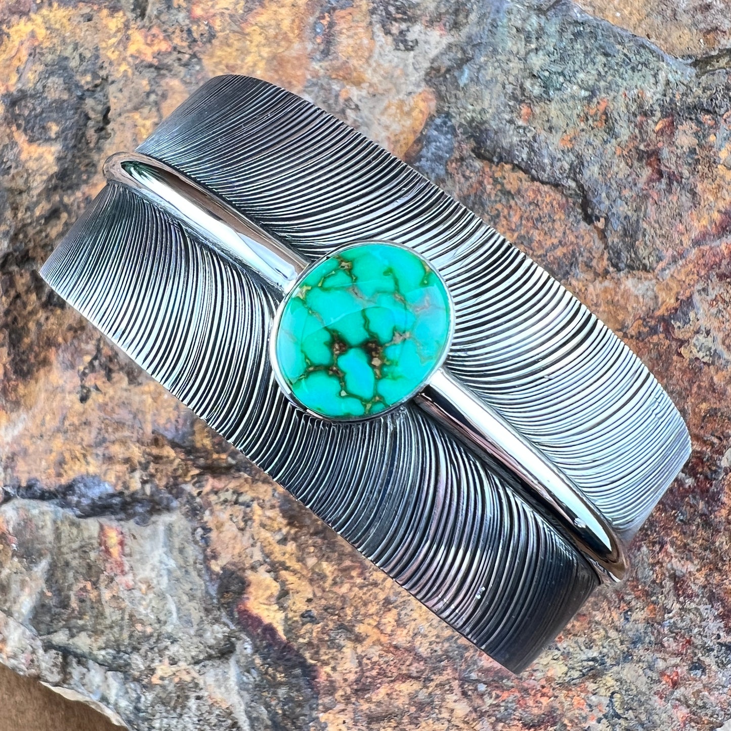 Sterling Silver Feather Cuff Bracelet w/ Royston Turquoise by Angela Martin
