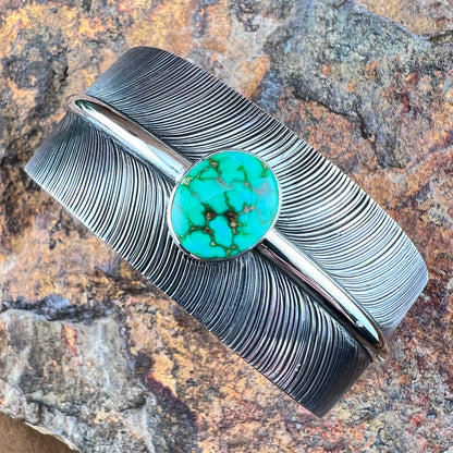 Sterling Silver Feather Cuff Bracelet w/ Royston Turquoise by Angela Martin