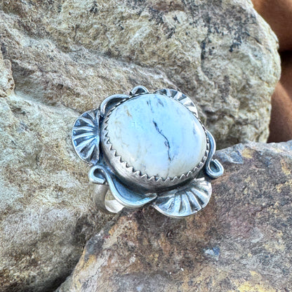 Round White Buffalo Ring with Shell Fans by Mary Tso