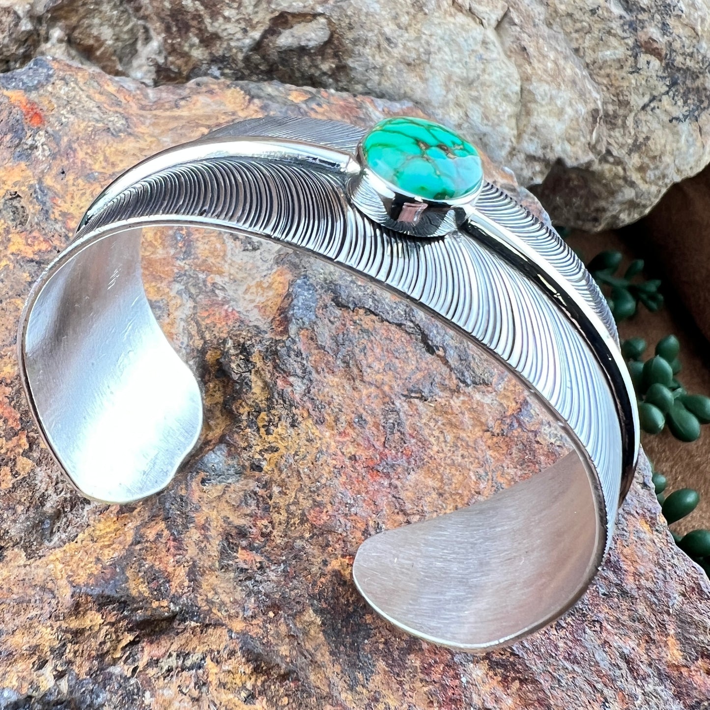 Sterling Silver Feather Cuff Bracelet w/ Royston Turquoise by Angela Martin
