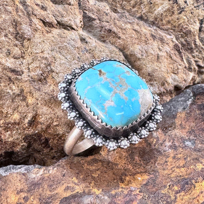 Cushion-Cut Kingman Turquoise Ring with Beaded Halo by Mary Tso