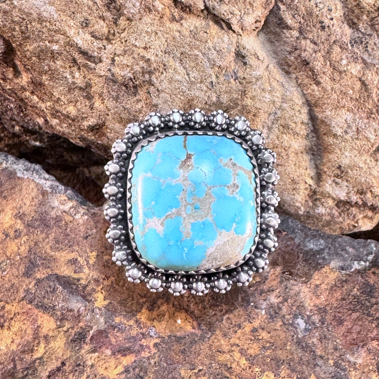Cushion-Cut Kingman Turquoise Ring with Beaded Halo by Mary Tso