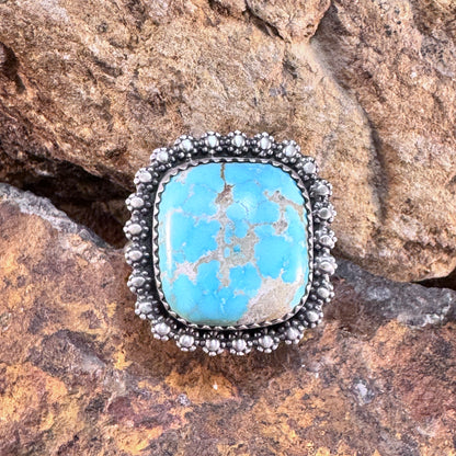 Cushion-Cut Kingman Turquoise Ring with Beaded Halo by Mary Tso