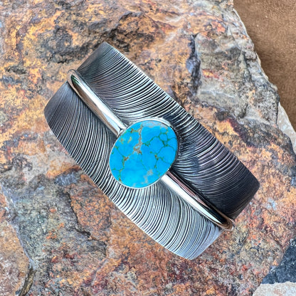Sterling Silver Feather Cuff Bracelet w/ Kingman Turquoise by Angela Martin