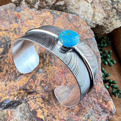 Sterling Silver Feather Cuff Bracelet w/ Kingman Turquoise by Angela Martin