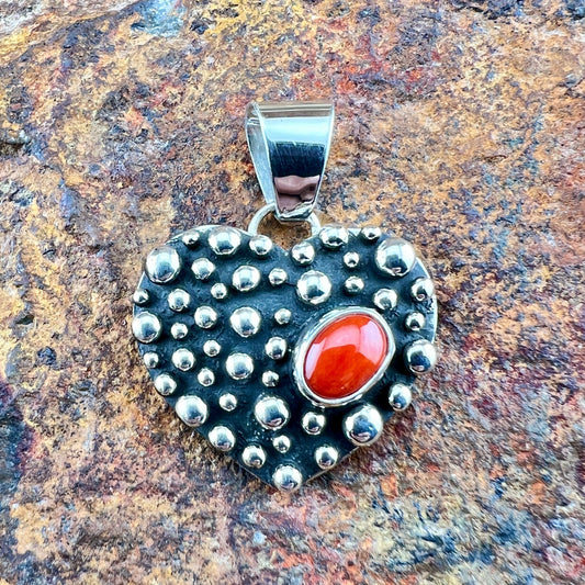 Million Drops Mediterranean Red Coral Sterling Silver Pendant Heart by Ray Coriz