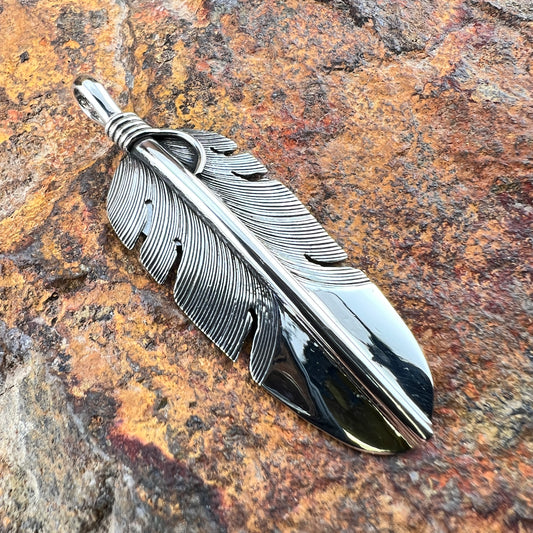 Traditional Sterling Silver Feather Pendant by Lena Platero