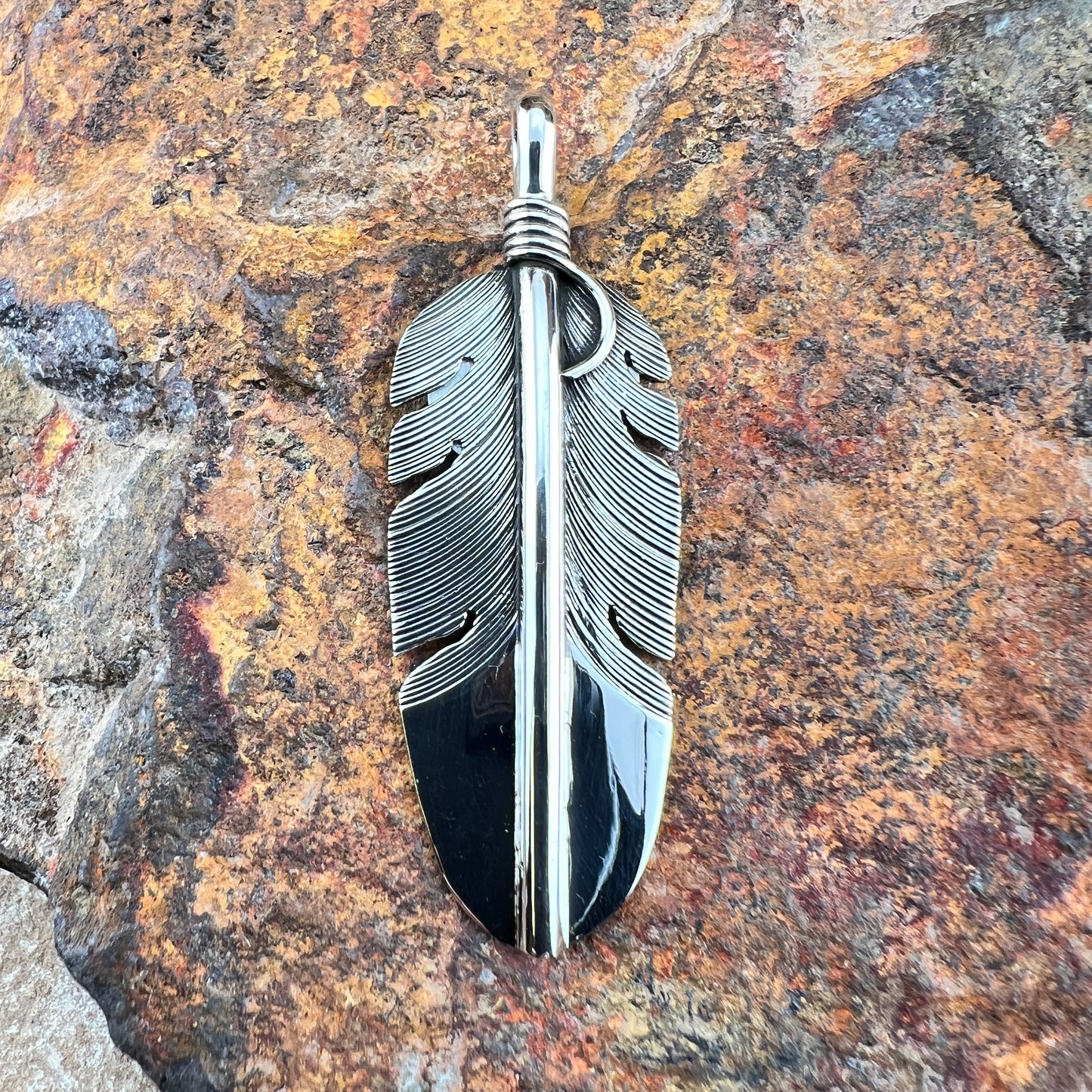 Traditional Sterling Silver Feather Pendant by Lena Platero