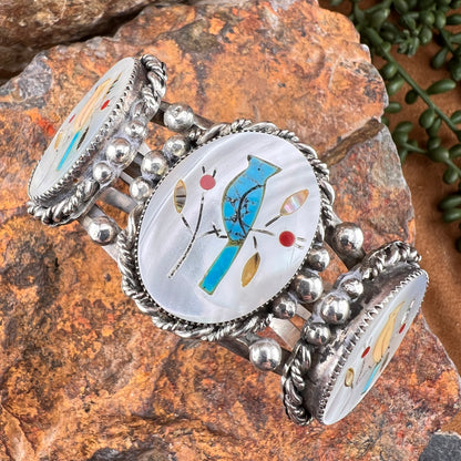 Vintage Cardinal Cuff Bracelet – MOP, Turquoise & Coral Inlay –  Estate