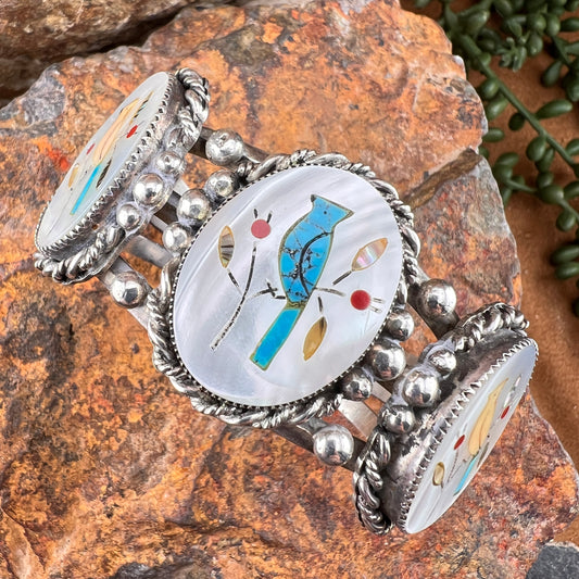 Vintage Cardinal Cuff Bracelet – MOP, Turquoise & Coral Inlay –  Estate