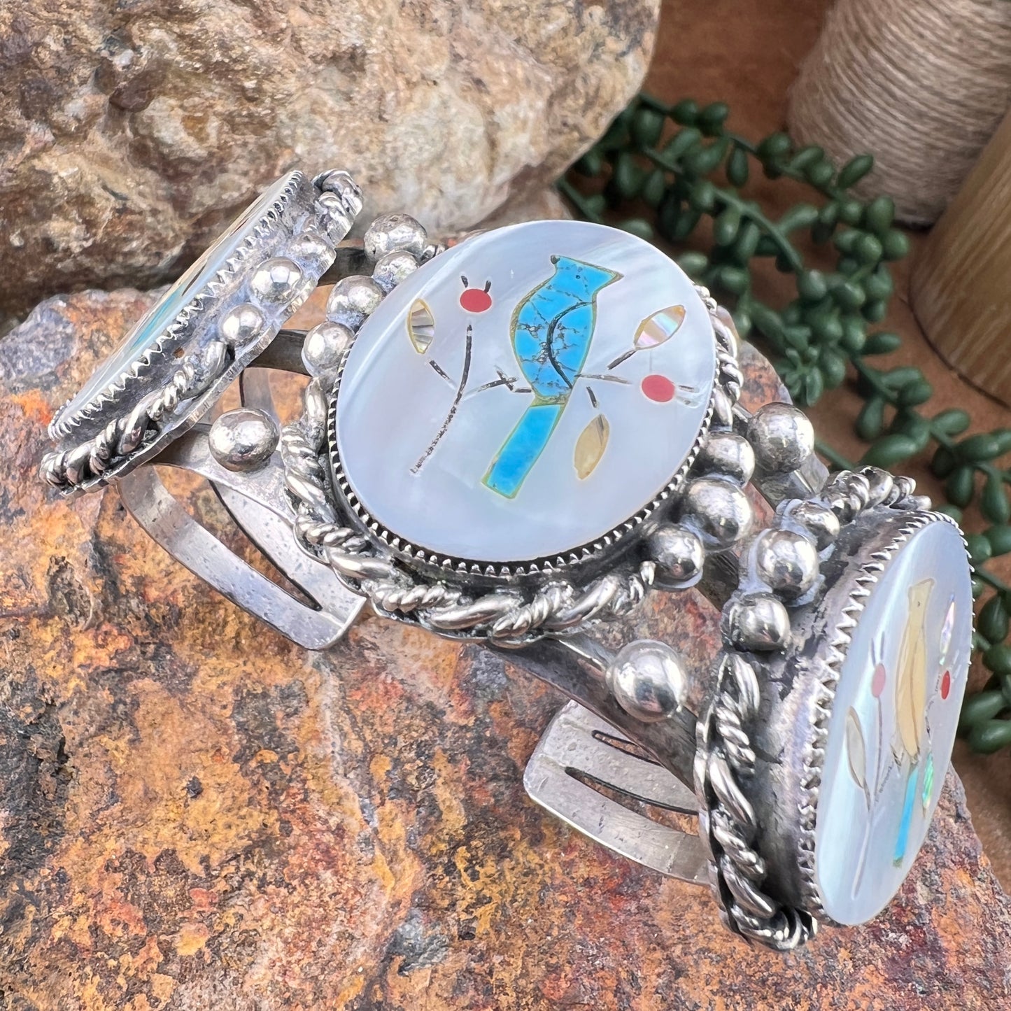 Vintage Cardinal Cuff Bracelet – MOP, Turquoise & Coral Inlay –  Estate