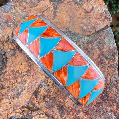 Vintage Zuni Turquoise & Orange Spiny Oyster Inlay Sterling Silver Cuff Bracelet – Estate