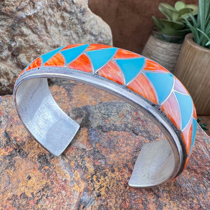 Vintage Zuni Turquoise & Orange Spiny Oyster Inlay Sterling Silver Cuff Bracelet – Estate