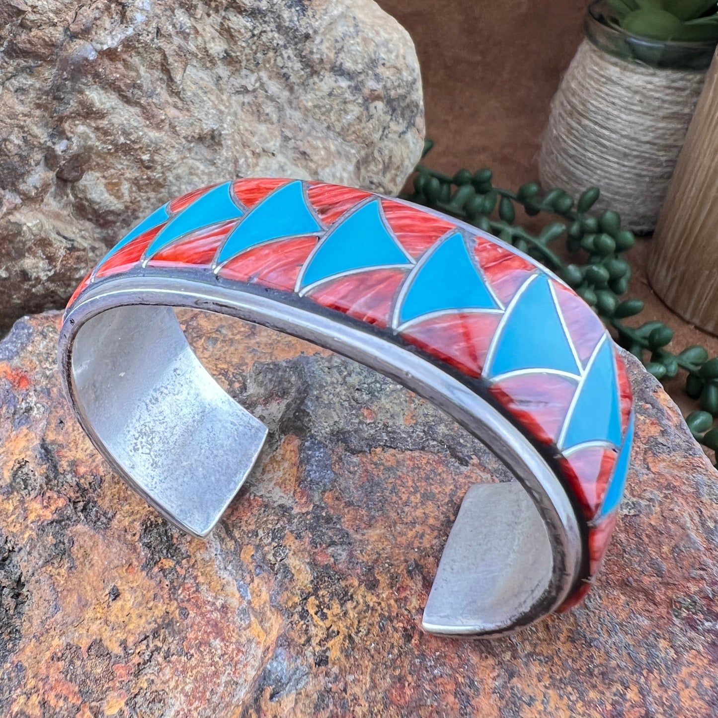 Vintage Zuni Turquoise & Red Spiny Oyster Inlay Sterling Silver Cuff Bracelet – Estate