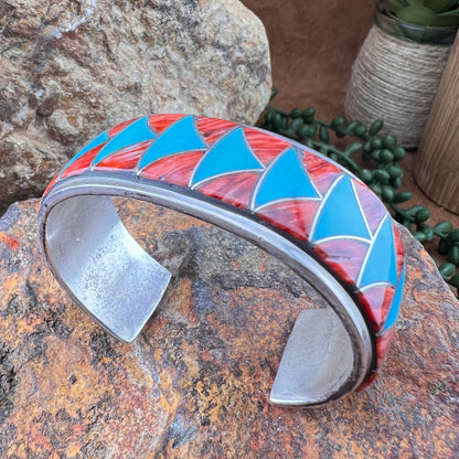 Vintage Zuni Turquoise & Red Spiny Oyster Inlay Sterling Silver Cuff Bracelet – Estate