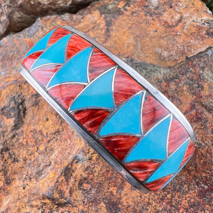 Vintage Zuni Turquoise & Red Spiny Oyster Inlay Sterling Silver Cuff Bracelet – Estate