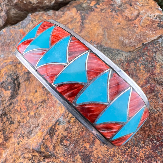 Vintage Zuni Turquoise & Red Spiny Oyster Inlay Sterling Silver Cuff Bracelet – Estate