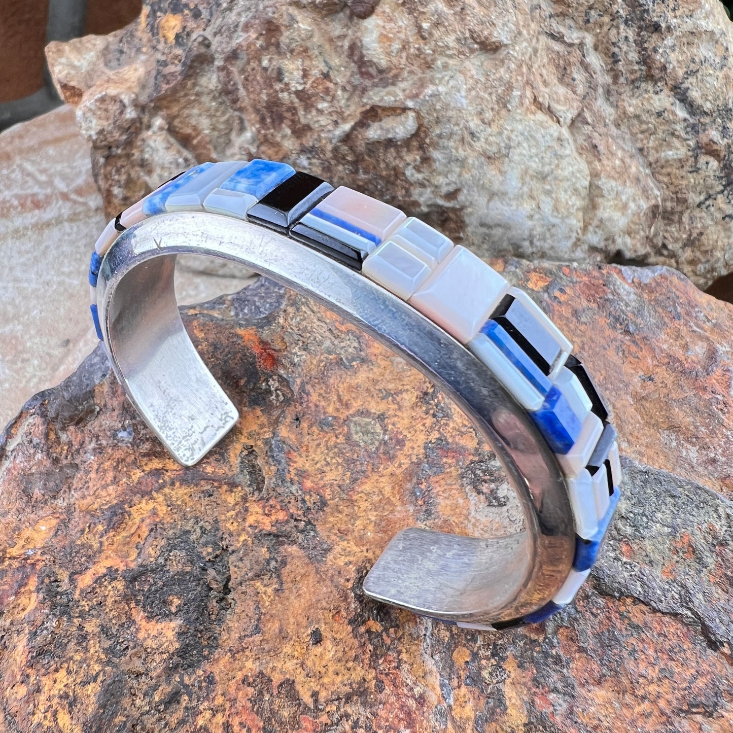 Vintage  MOP, Lapis & Onyx Inlay Sterling Silver Cuff Bracelet – Estate