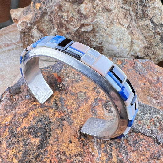 Vintage  MOP, Lapis & Onyx Inlay Sterling Silver Cuff Bracelet – Estate