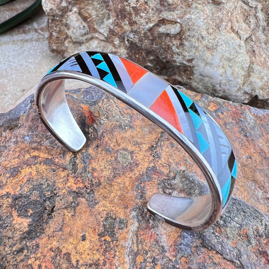 Vintage MOP, Turquoise, Coral & Onyx Inlay Sterling Silver Cuff Bracelet – Estate