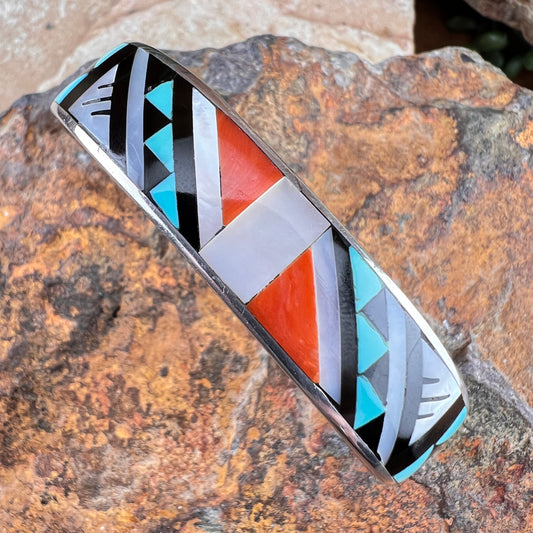 Vintage MOP, Turquoise, Coral & Onyx Inlay Sterling Silver Cuff Bracelet – Estate
