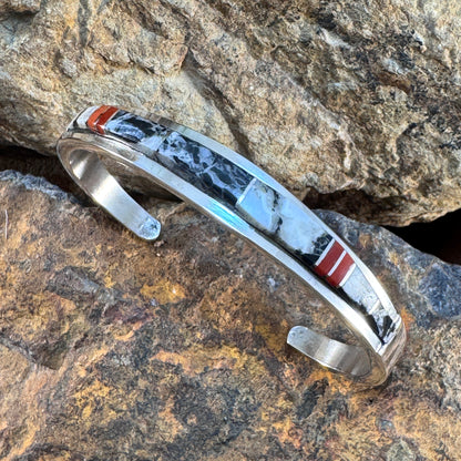 White Buffalo Inlay Cuff with Dual Coral Stripes by Kyle Yellowhair