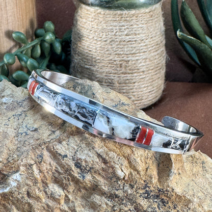 White Buffalo Inlay Cuff with Dual Coral Stripes by Kyle Yellowhair