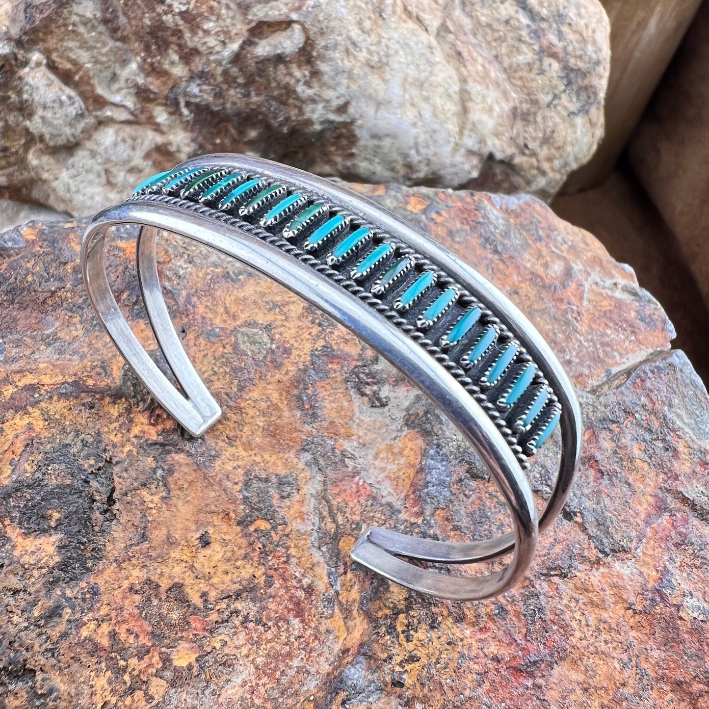 Vintage Turquoise Needlepoint Sterling Silver Cuff Bracelet – Estate