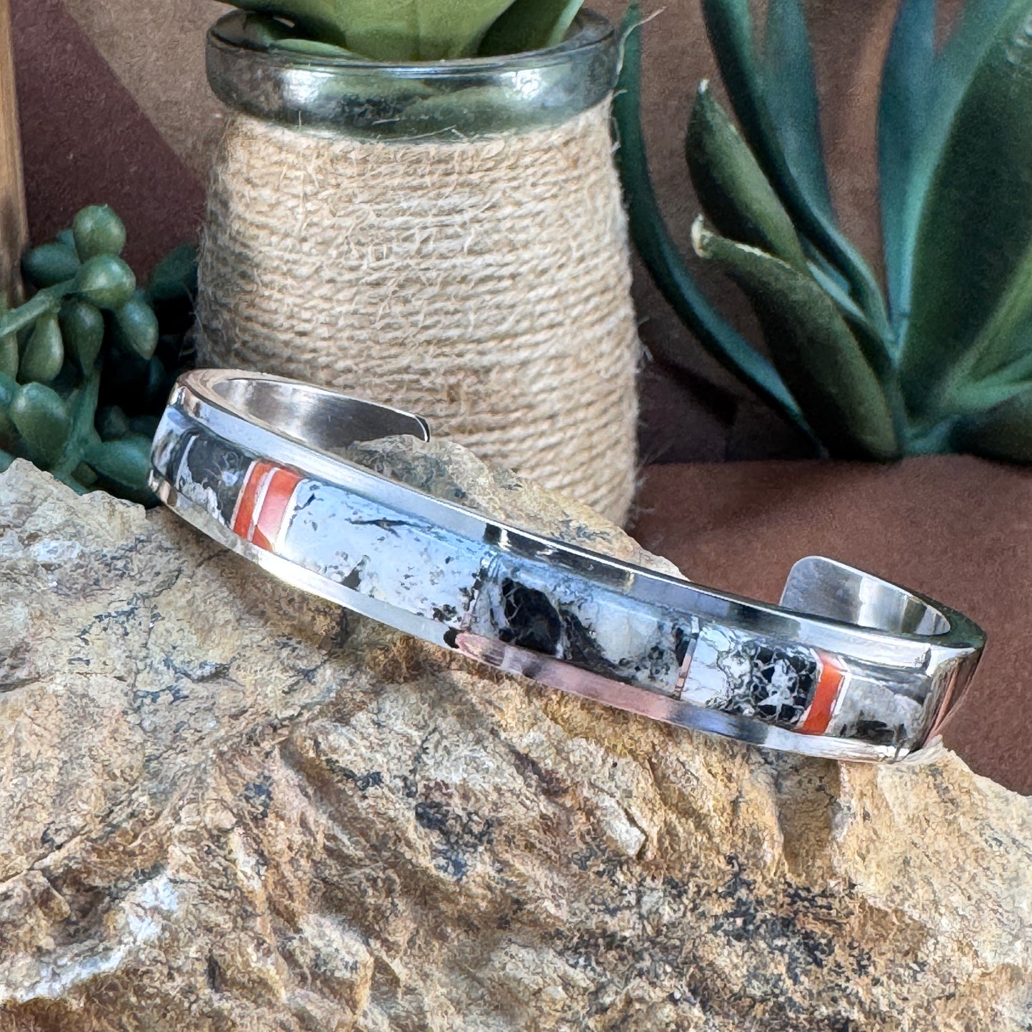White Buffalo Inlay Cuff with Coral Accent by Kyle Yellowhair
