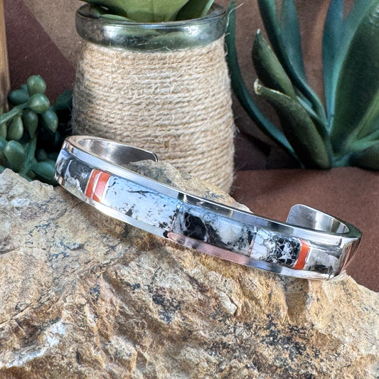 White Buffalo Inlay Cuff with Coral Accent by Kyle Yellowhair