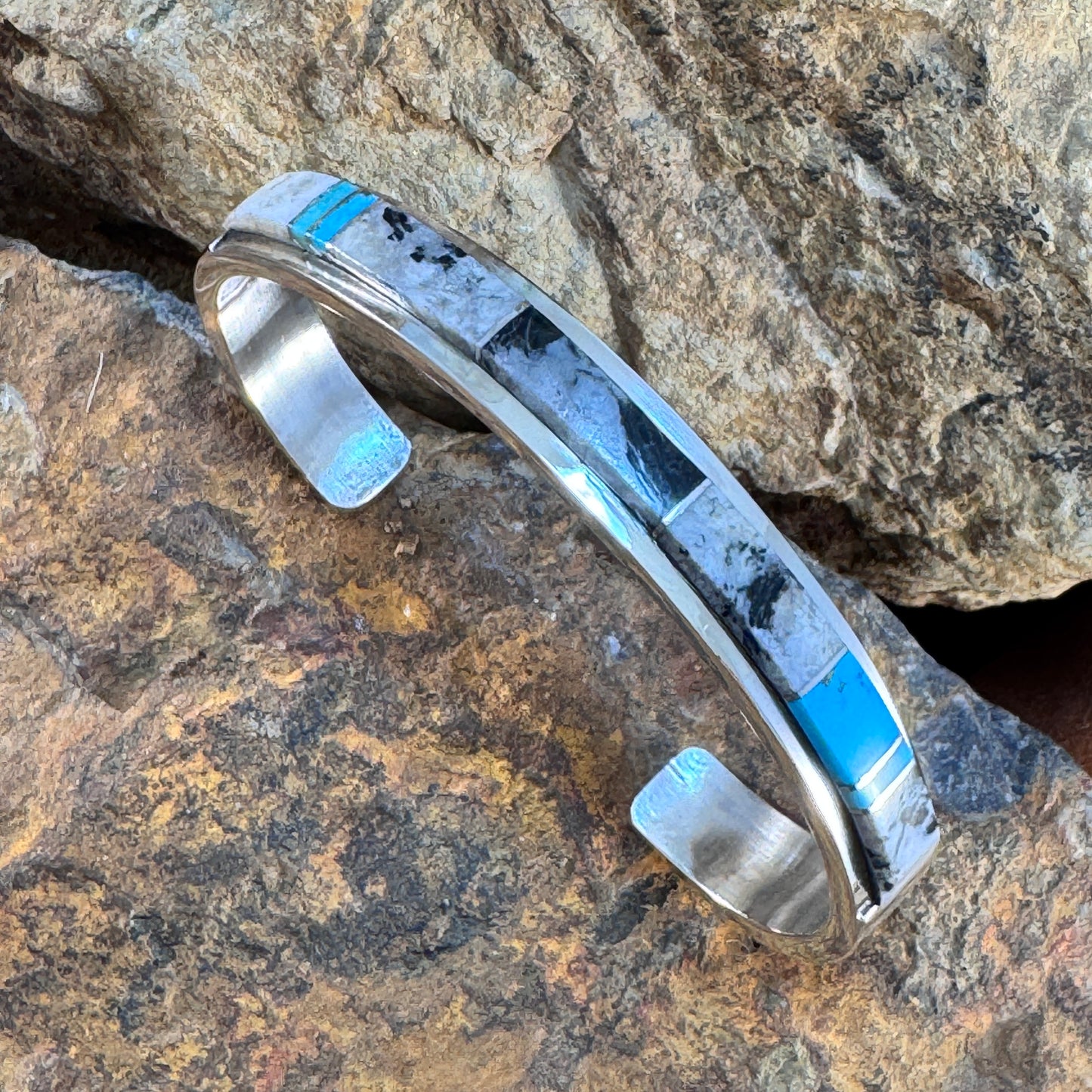 Sterling Silver Inlay Cuff with Turquoise and White Buffalo by Kyle Yellowhair