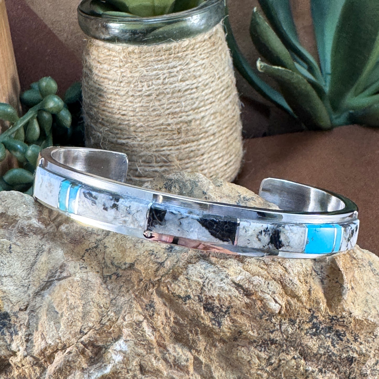 Sterling Silver Inlay Cuff with Turquoise and White Buffalo by Kyle Yellowhair
