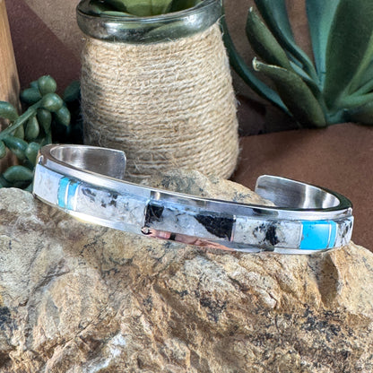 Sterling Silver Inlay Cuff with Turquoise and White Buffalo by Kyle Yellowhair
