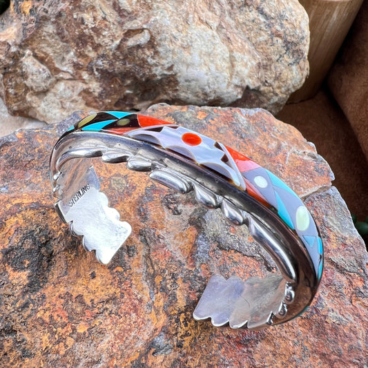 Vintage Zuni MOP, Turquoise, Coral & Onyx Inlay Sterling Silver Cuff Bracelet – Estate
