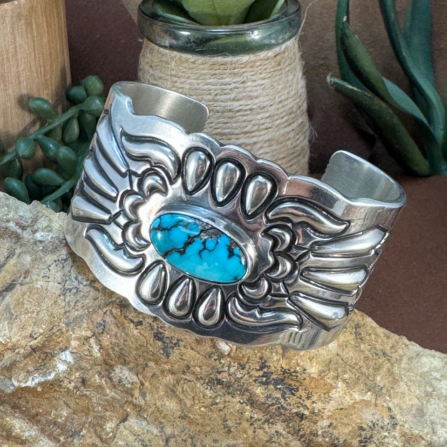 Vintage - Kingman Turquoise with Silver Sunburst Cuff by Navajo Artist - Estate