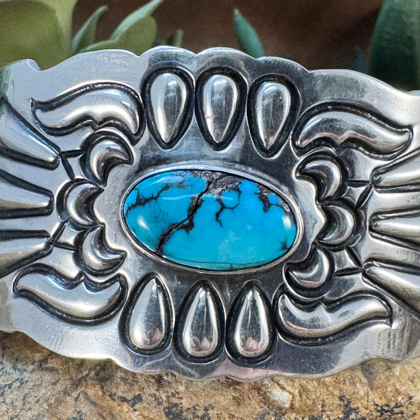 Vintage - Kingman Turquoise with Silver Sunburst Cuff by Navajo Artist - Estate