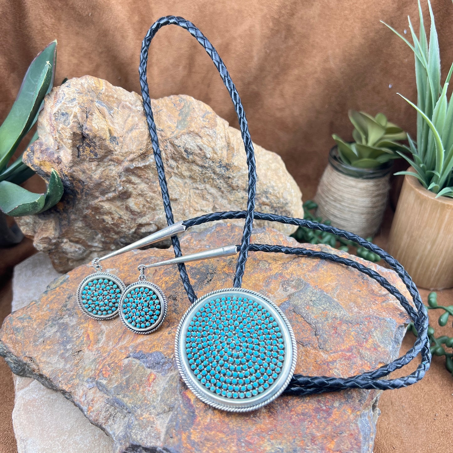 Vintage Sleeping Beauty Turquoise Petit Point Cluster Bolo Tie by Stephen Haloo — Estate